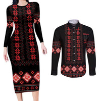 Red Ukraine Folk Patterns Couples Matching Long Sleeve Bodycon Dress and Long Sleeve Button Shirt - Wonder Print Shop