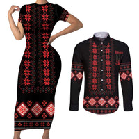 Red Ukraine Folk Patterns Couples Matching Short Sleeve Bodycon Dress and Long Sleeve Button Shirt - Wonder Print Shop