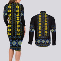 Yellow Ukraine Folk Patterns Couples Matching Long Sleeve Bodycon Dress and Long Sleeve Button Shirt - Wonder Print Shop