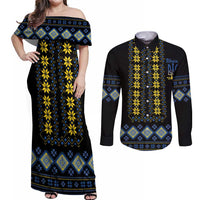 Yellow Ukraine Folk Patterns Couples Matching Off Shoulder Maxi Dress and Long Sleeve Button Shirt - Wonder Print Shop