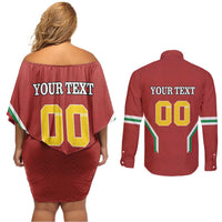 Custom Bulgaria Football Couples Matching Off Shoulder Short Dress and Long Sleeve Button Shirt The Lions Come Champions Red Version