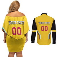 Custom Bulgaria Football Couples Matching Off Shoulder Short Dress and Long Sleeve Button Shirt The Lions Come Champions Yellow Version