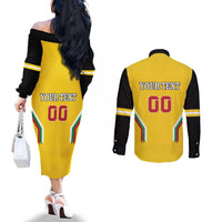 Custom Bulgaria Football Couples Matching Off The Shoulder Long Sleeve Dress and Long Sleeve Button Shirt The Lions Come Champions Yellow Version