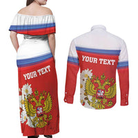 Personalized Russia Couples Matching Off Shoulder Maxi Dress and Long Sleeve Button Shirt Coat Of Arms With Chamomile Flower