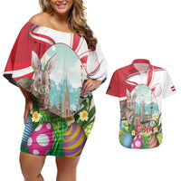 Happy Easter Austria Couples Matching Off Shoulder Short Dress and Hawaiian Shirt Easter Eggs With St. Stephen's Cathedral