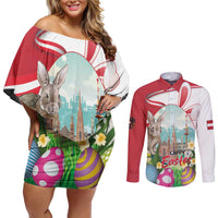 Happy Easter Austria Couples Matching Off Shoulder Short Dress and Long Sleeve Button Shirt Easter Eggs With St. Stephen's Cathedral