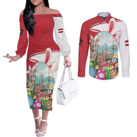 Happy Easter Austria Couples Matching Off The Shoulder Long Sleeve Dress and Long Sleeve Button Shirt Easter Eggs With St. Stephen's Cathedral