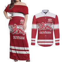 Custom Denmark Hockey Couples Matching Off Shoulder Maxi Dress and Long Sleeve Button Shirt Danish Lions
