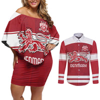 Custom Denmark Hockey Couples Matching Off Shoulder Short Dress and Long Sleeve Button Shirt Danish Lions