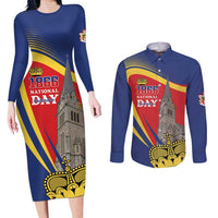 Liechtenstein National Day 1866 Couples Matching Long Sleeve Bodycon Dress and Long Sleeve Button Shirt Gold Crown Vaduz Cathedral