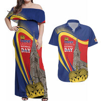 Liechtenstein National Day 1866 Couples Matching Off Shoulder Maxi Dress and Hawaiian Shirt Gold Crown Vaduz Cathedral