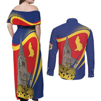 Liechtenstein National Day 1866 Couples Matching Off Shoulder Maxi Dress and Long Sleeve Button Shirt Gold Crown Vaduz Cathedral