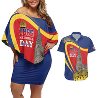 Liechtenstein National Day 1866 Couples Matching Off Shoulder Short Dress and Hawaiian Shirt Gold Crown Vaduz Cathedral