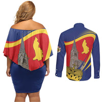 Liechtenstein National Day 1866 Couples Matching Off Shoulder Short Dress and Long Sleeve Button Shirt Gold Crown Vaduz Cathedral