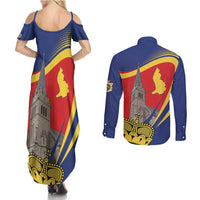 Liechtenstein National Day 1866 Couples Matching Summer Maxi Dress and Long Sleeve Button Shirt Gold Crown Vaduz Cathedral