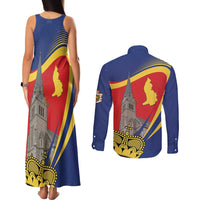 Liechtenstein National Day 1866 Couples Matching Tank Maxi Dress and Long Sleeve Button Shirt Gold Crown Vaduz Cathedral