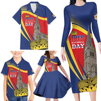 Liechtenstein National Day 1866 Family Matching Long Sleeve Bodycon Dress and Hawaiian Shirt Gold Crown Vaduz Cathedral