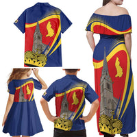 Liechtenstein National Day 1866 Family Matching Off Shoulder Maxi Dress and Hawaiian Shirt Gold Crown Vaduz Cathedral