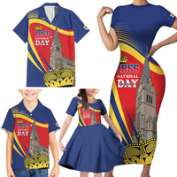 Liechtenstein National Day 1866 Family Matching Short Sleeve Bodycon Dress and Hawaiian Shirt Gold Crown Vaduz Cathedral