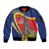 Liechtenstein National Day 1866 Sleeve Zip Bomber Jacket Gold Crown Vaduz Cathedral
