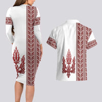 Ukraine Vyshyvanka Pattern Couples Matching Long Sleeve Bodycon Dress and Hawaiian Shirt Ukrainian Trident