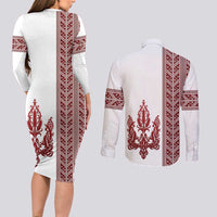 Ukraine Vyshyvanka Pattern Couples Matching Long Sleeve Bodycon Dress and Long Sleeve Button Shirt Ukrainian Trident
