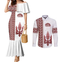 Ukraine Vyshyvanka Pattern Couples Matching Mermaid Dress and Long Sleeve Button Shirt Ukrainian Trident