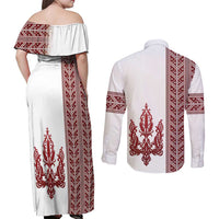 Ukraine Vyshyvanka Pattern Couples Matching Off Shoulder Maxi Dress and Long Sleeve Button Shirt Ukrainian Trident