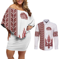 Ukraine Vyshyvanka Pattern Couples Matching Off Shoulder Short Dress and Long Sleeve Button Shirt Ukrainian Trident