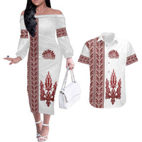 Ukraine Vyshyvanka Pattern Couples Matching Off The Shoulder Long Sleeve Dress and Hawaiian Shirt Ukrainian Trident