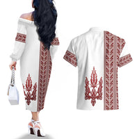 Ukraine Vyshyvanka Pattern Couples Matching Off The Shoulder Long Sleeve Dress and Hawaiian Shirt Ukrainian Trident