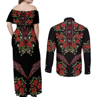 Traditional Ukrainian Costume Couples Matching Off Shoulder Maxi Dress and Long Sleeve Button Shirt Red Floral Embroidery Style