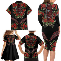Traditional Ukrainian Costume Family Matching Long Sleeve Bodycon Dress and Hawaiian Shirt Red Floral Embroidery Style