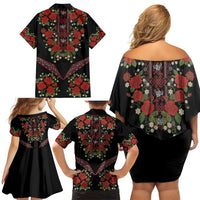 Traditional Ukrainian Costume Family Matching Off Shoulder Short Dress and Hawaiian Shirt Red Floral Embroidery Style