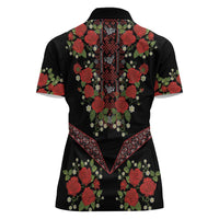 Traditional Ukrainian Costume Women Polo Shirt Red Floral Embroidery Style