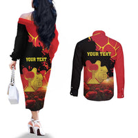 Personalized Macedonia Republic Day Couples Matching Off The Shoulder Long Sleeve Dress and Long Sleeve Button Shirt Ilinden Monument Red Poppy - Wonder Print Shop