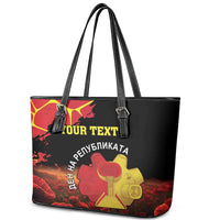 Personalized Macedonia Republic Day Leather Tote Bag Ilinden Monument Red Poppy - Wonder Print Shop