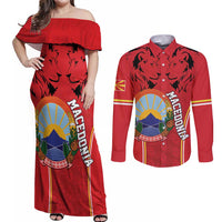 Personalized Macedonia Lion Couples Matching Off Shoulder Maxi Dress and Long Sleeve Button Shirt National Emblem - Wonder Print Shop