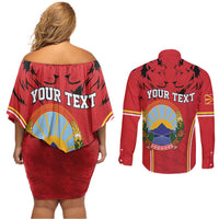 Personalized Macedonia Lion Couples Matching Off Shoulder Short Dress and Long Sleeve Button Shirt National Emblem - Wonder Print Shop