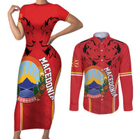Personalized Macedonia Lion Couples Matching Short Sleeve Bodycon Dress and Long Sleeve Button Shirt National Emblem - Wonder Print Shop
