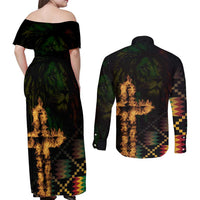 Happy Meskel Celebration Couples Matching Off Shoulder Maxi Dress and Long Sleeve Button Shirt Cross Fire And Lion Flag Color - Wonder Print Shop