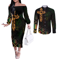 Happy Meskel Celebration Couples Matching Off The Shoulder Long Sleeve Dress and Long Sleeve Button Shirt Cross Fire And Lion Flag Color