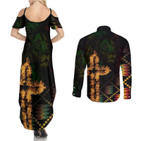 Happy Meskel Celebration Couples Matching Summer Maxi Dress and Long Sleeve Button Shirt Cross Fire And Lion Flag Color - Wonder Print Shop