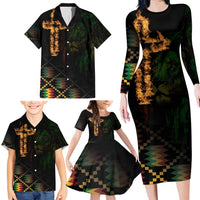 Happy Meskel Celebration Family Matching Long Sleeve Bodycon Dress and Hawaiian Shirt Cross Fire And Lion Flag Color - Wonder Print Shop