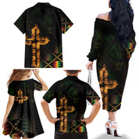 Happy Meskel Celebration Family Matching Off The Shoulder Long Sleeve Dress and Hawaiian Shirt Cross Fire And Lion Flag Color - Wonder Print Shop