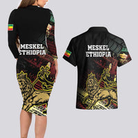 Meskel Ethiopia Couples Matching Long Sleeve Bodycon Dress and Hawaiian Shirt Lion Of Judah With Grunge Patterns - Wonder Print Shop