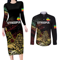 Meskel Ethiopia Couples Matching Long Sleeve Bodycon Dress and Long Sleeve Button Shirt Lion Of Judah With Grunge Patterns - Wonder Print Shop