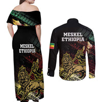 Meskel Ethiopia Couples Matching Off Shoulder Maxi Dress and Long Sleeve Button Shirt Lion Of Judah With Grunge Patterns - Wonder Print Shop