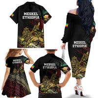 Meskel Ethiopia Family Matching Off The Shoulder Long Sleeve Dress and Hawaiian Shirt Lion Of Judah With Grunge Patterns - Wonder Print Shop