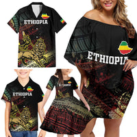 Meskel Ethiopia Family Matching Off Shoulder Short Dress and Hawaiian Shirt Lion Of Judah With Grunge Patterns - Wonder Print Shop